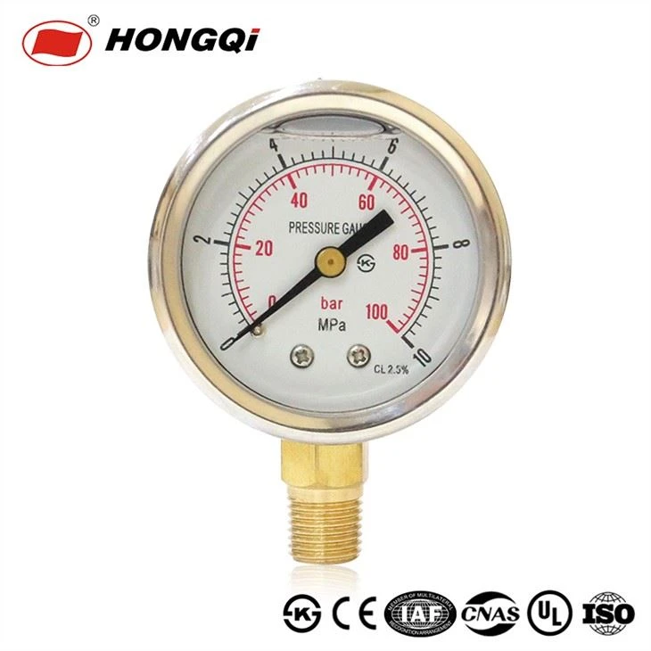Hongqi® Ytn-50 مائع تیل سے بھرے شیک پروف واٹر پریشر گیج 1.6MPA منو میٹر CE/UL/ISO/Ks
